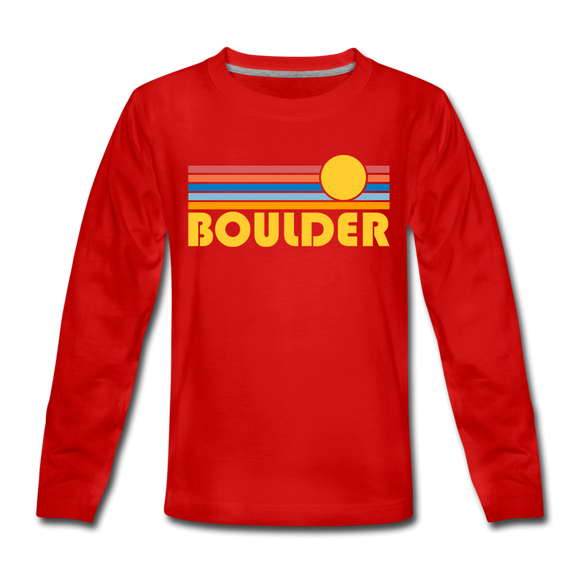 Boulder, Colorado Youth Long Sleeve Shirt - Retro Sunrise Youth Long Sleeve Boulder Tee - red