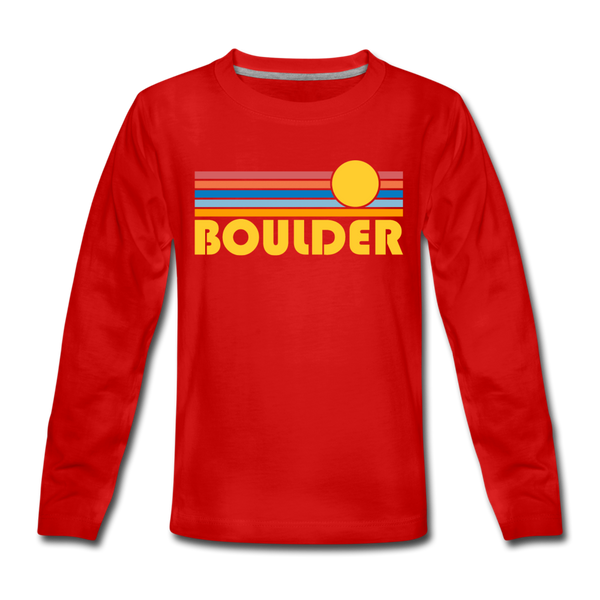 Boulder, Colorado Youth Long Sleeve Shirt - Retro Sunrise Youth Long Sleeve Boulder Tee - red