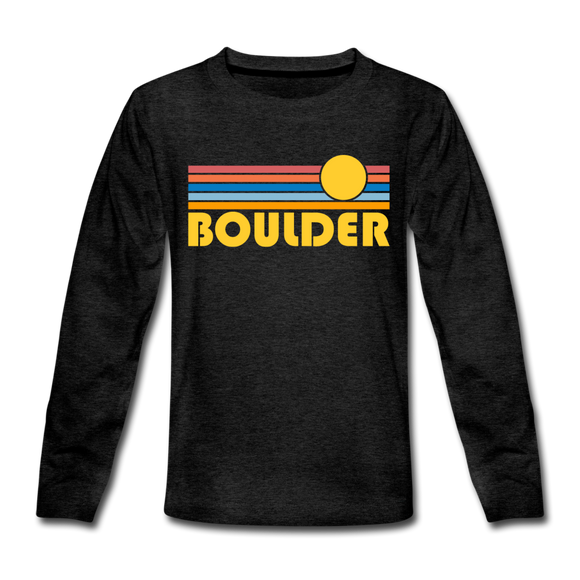 Boulder, Colorado Youth Long Sleeve Shirt - Retro Sunrise Youth Long Sleeve Boulder Tee - charcoal gray