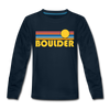 Boulder, Colorado Youth Long Sleeve Shirt - Retro Sunrise Youth Long Sleeve Boulder Tee - deep navy