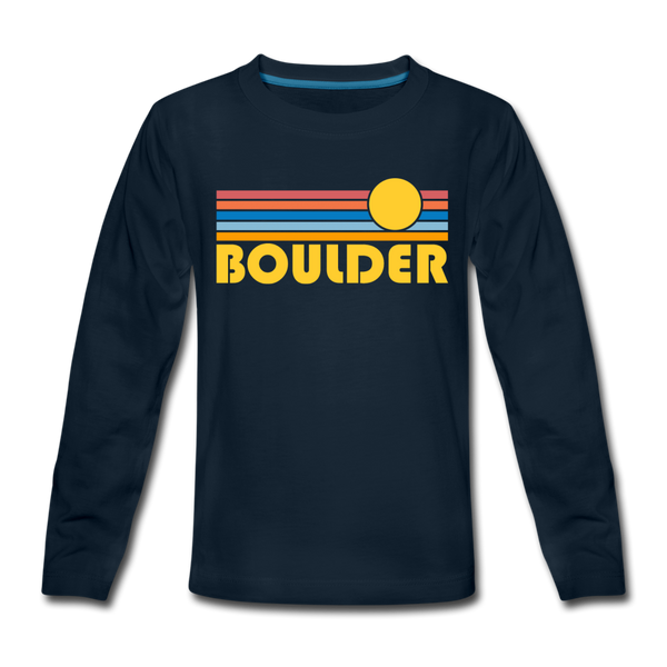 Boulder, Colorado Youth Long Sleeve Shirt - Retro Sunrise Youth Long Sleeve Boulder Tee - deep navy