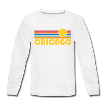 Chicago, Illinois Youth Long Sleeve Shirt - Retro Sunrise Youth Long Sleeve Chicago Tee - white