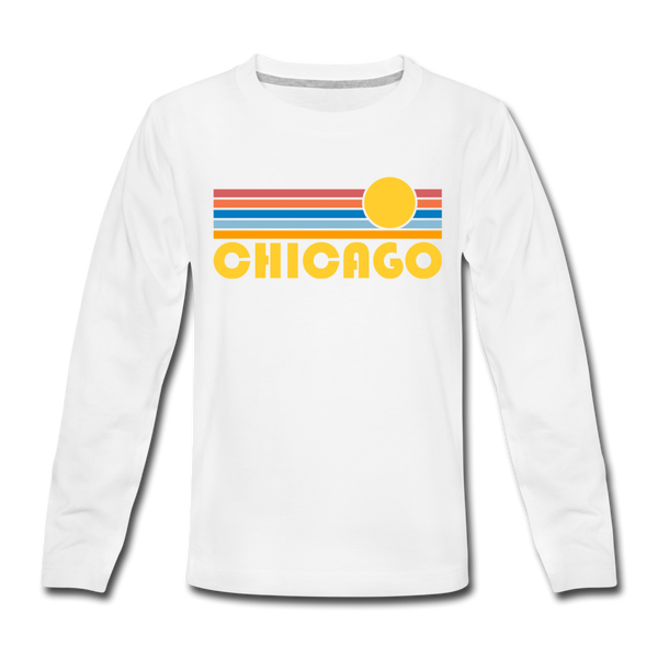 Chicago, Illinois Youth Long Sleeve Shirt - Retro Sunrise Youth Long Sleeve Chicago Tee - white