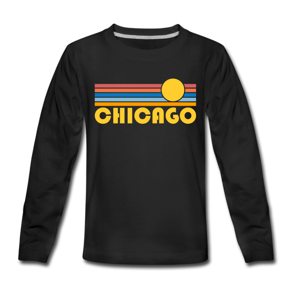 Chicago, Illinois Youth Long Sleeve Shirt - Retro Sunrise Youth Long Sleeve Chicago Tee - black