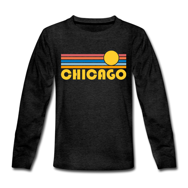 Chicago, Illinois Youth Long Sleeve Shirt - Retro Sunrise Youth Long Sleeve Chicago Tee - charcoal gray