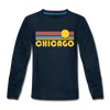 Chicago, Illinois Youth Long Sleeve Shirt - Retro Sunrise Youth Long Sleeve Chicago Tee - deep navy