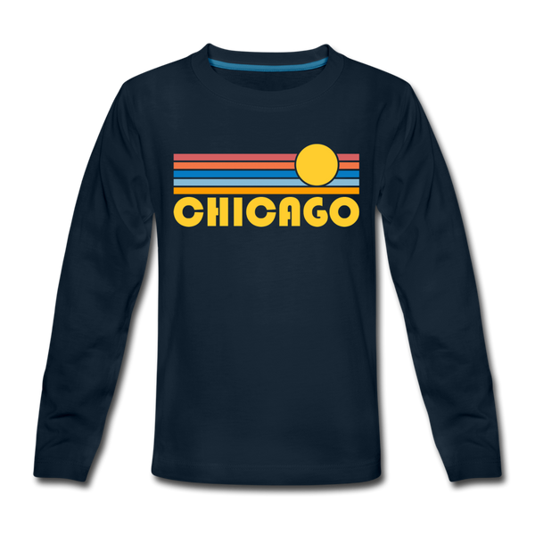 Chicago, Illinois Youth Long Sleeve Shirt - Retro Sunrise Youth Long Sleeve Chicago Tee - deep navy