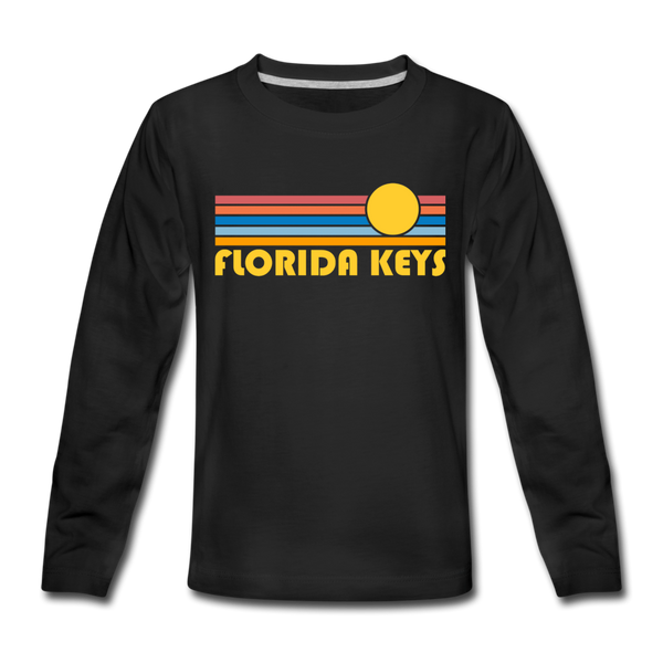 Florida Keys, Florida Youth Long Sleeve Shirt - Retro Sunrise Youth Long Sleeve Florida Keys Tee - black