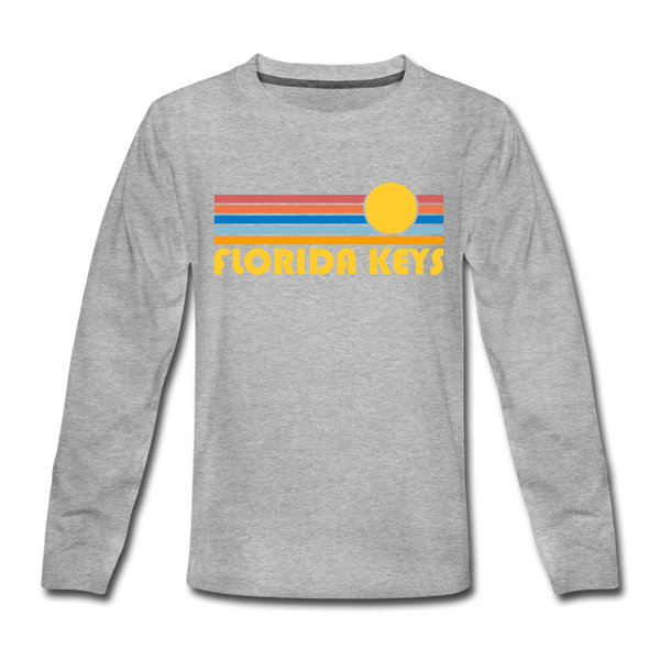 Florida Keys, Florida Youth Long Sleeve Shirt - Retro Sunrise Youth Long Sleeve Florida Keys Tee - heather gray