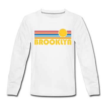 Brooklyn, New York Youth Long Sleeve Shirt - Retro Sunrise Youth Long Sleeve Brooklyn Tee - white