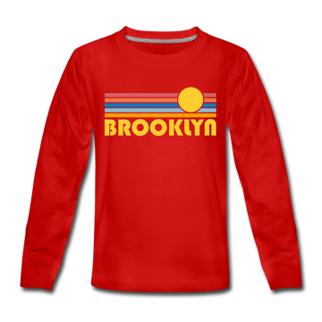 Brooklyn, New York Youth Long Sleeve Shirt - Retro Sunrise Youth Long Sleeve Brooklyn Tee - red