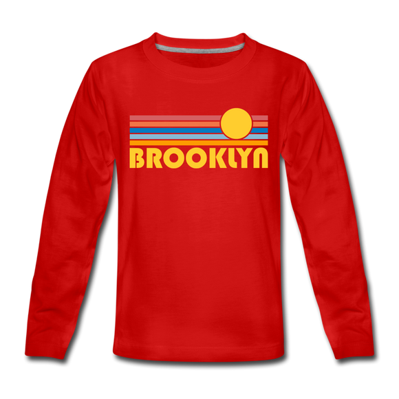 Brooklyn, New York Youth Long Sleeve Shirt - Retro Sunrise Youth Long Sleeve Brooklyn Tee - red