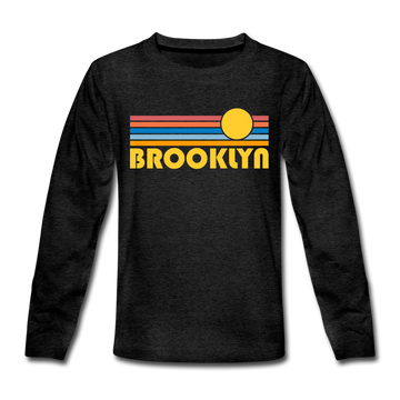 Brooklyn, New York Youth Long Sleeve Shirt - Retro Sunrise Youth Long Sleeve Brooklyn Tee - charcoal gray