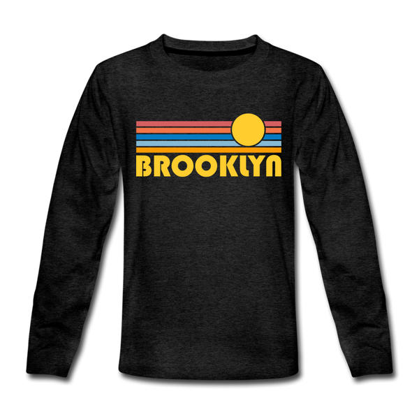Brooklyn, New York Youth Long Sleeve Shirt - Retro Sunrise Youth Long Sleeve Brooklyn Tee - charcoal gray