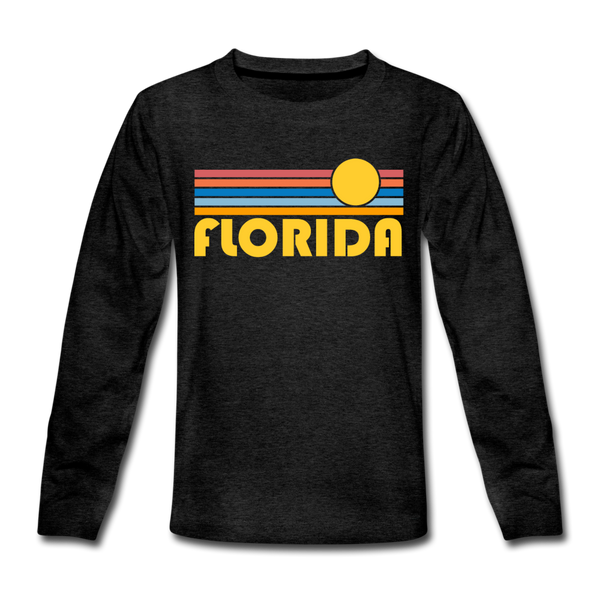 Florida Youth Long Sleeve Shirt - Retro Sunrise Youth Long Sleeve Florida Tee - charcoal gray