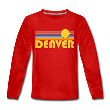 Denver, Colorado Youth Long Sleeve Shirt - Retro Sunrise Youth Long Sleeve Denver Tee - red