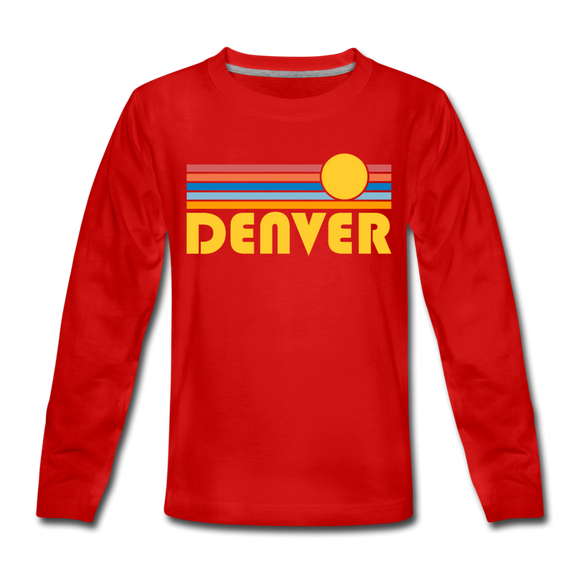 Denver, Colorado Youth Long Sleeve Shirt - Retro Sunrise Youth Long Sleeve Denver Tee - red