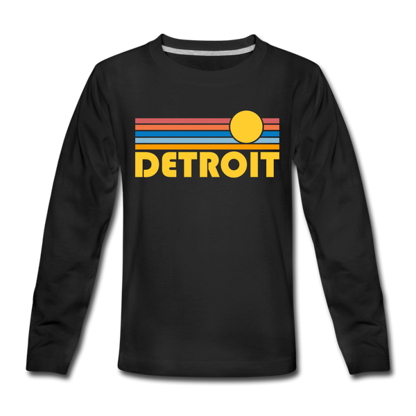 Detroit, Michigan Youth Long Sleeve Shirt - Retro Sunrise Youth Long Sleeve Detroit Tee - black