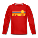 Detroit, Michigan Youth Long Sleeve Shirt - Retro Sunrise Youth Long Sleeve Detroit Tee - red