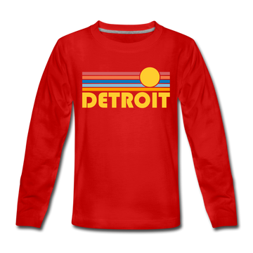 Detroit, Michigan Youth Long Sleeve Shirt - Retro Sunrise Youth Long Sleeve Detroit Tee - red