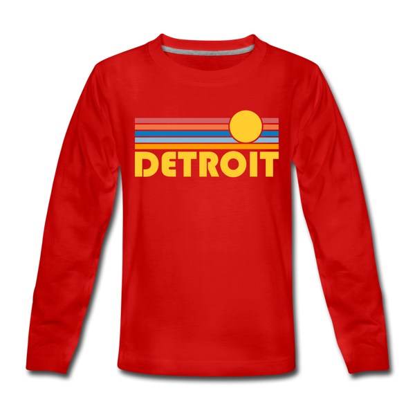 Detroit, Michigan Youth Long Sleeve Shirt - Retro Sunrise Youth Long Sleeve Detroit Tee - red