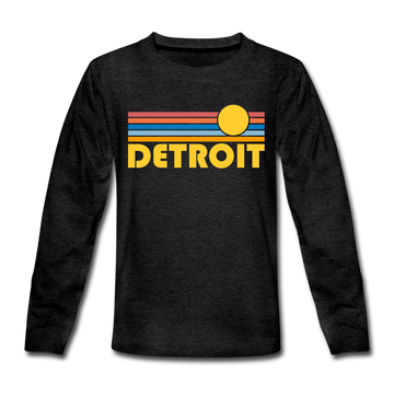 Detroit, Michigan Youth Long Sleeve Shirt - Retro Sunrise Youth Long Sleeve Detroit Tee - charcoal gray