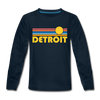 Detroit, Michigan Youth Long Sleeve Shirt - Retro Sunrise Youth Long Sleeve Detroit Tee - deep navy
