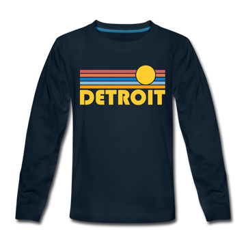 Detroit, Michigan Youth Long Sleeve Shirt - Retro Sunrise Youth Long Sleeve Detroit Tee - deep navy