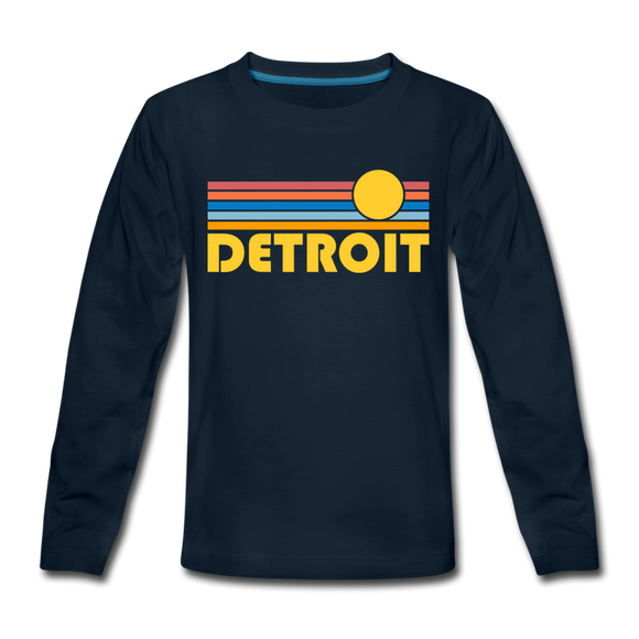 Detroit, Michigan Youth Long Sleeve Shirt - Retro Sunrise Youth Long Sleeve Detroit Tee - deep navy