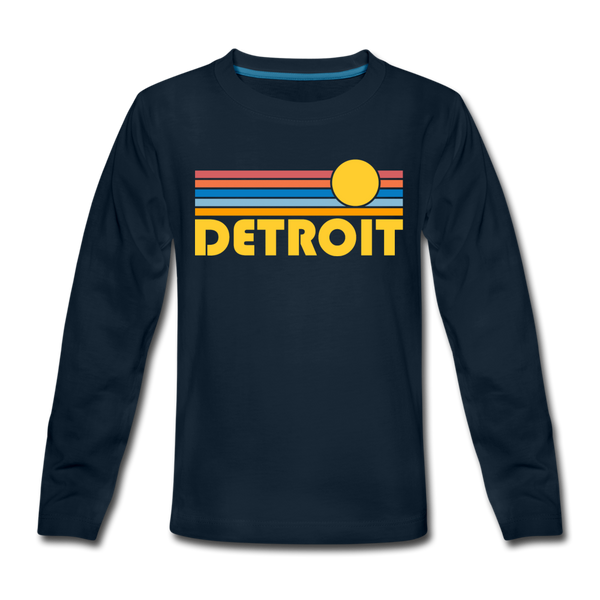 Detroit, Michigan Youth Long Sleeve Shirt - Retro Sunrise Youth Long Sleeve Detroit Tee - deep navy