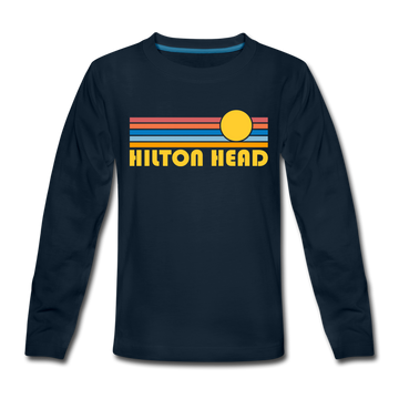 Hilton Head, South Carolina Youth Long Sleeve Shirt - Retro Sunrise Youth Long Sleeve Hilton Head Tee - deep navy