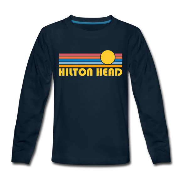 Hilton Head, South Carolina Youth Long Sleeve Shirt - Retro Sunrise Youth Long Sleeve Hilton Head Tee - deep navy