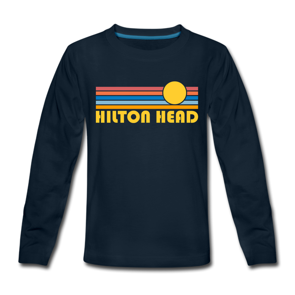 Hilton Head, South Carolina Youth Long Sleeve Shirt - Retro Sunrise Youth Long Sleeve Hilton Head Tee - deep navy