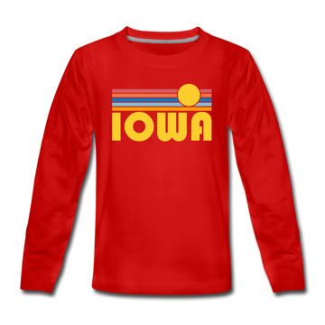 Iowa Youth Long Sleeve Shirt - Retro Sunrise Youth Long Sleeve Iowa Tee - red