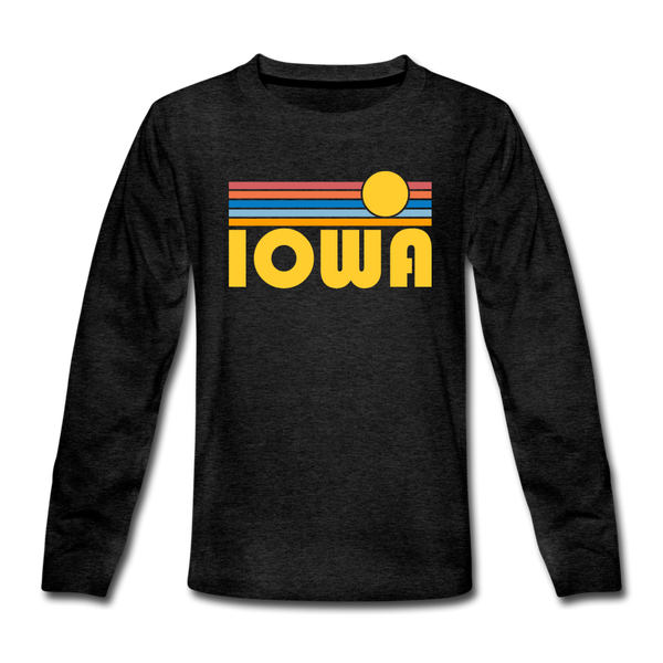 Iowa Youth Long Sleeve Shirt - Retro Sunrise Youth Long Sleeve Iowa Tee - charcoal gray