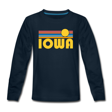 Iowa Youth Long Sleeve Shirt - Retro Sunrise Youth Long Sleeve Iowa Tee - deep navy