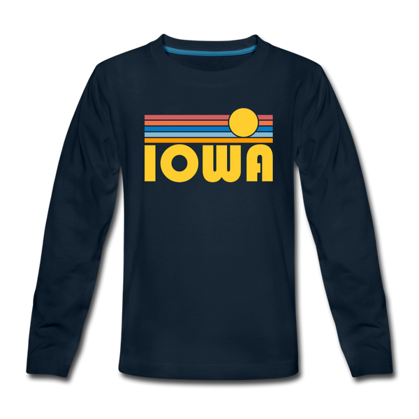 Iowa Youth Long Sleeve Shirt - Retro Sunrise Youth Long Sleeve Iowa Tee - deep navy