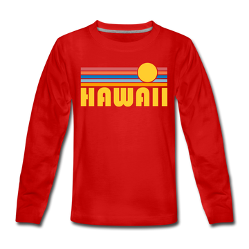 Hawaii Youth Long Sleeve Shirt - Retro Sunrise Youth Long Sleeve Hawaii Tee - red