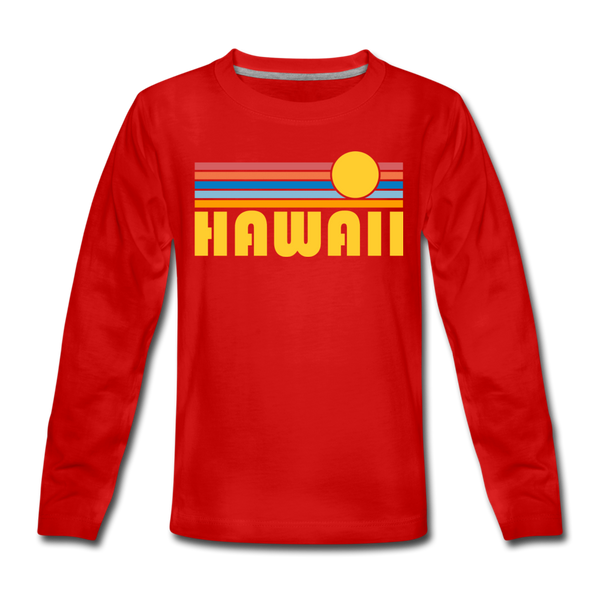 Hawaii Youth Long Sleeve Shirt - Retro Sunrise Youth Long Sleeve Hawaii Tee - red