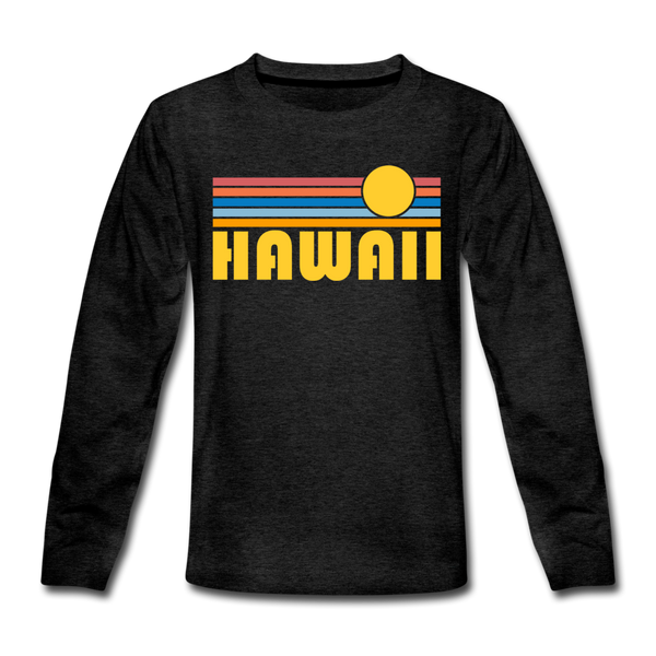 Hawaii Youth Long Sleeve Shirt - Retro Sunrise Youth Long Sleeve Hawaii Tee - charcoal gray