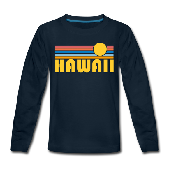 Hawaii Youth Long Sleeve Shirt - Retro Sunrise Youth Long Sleeve Hawaii Tee - deep navy