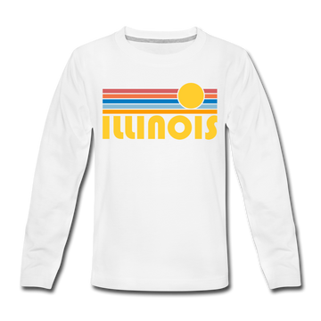 Illinois Youth Long Sleeve Shirt - Retro Sunrise Youth Long Sleeve Illinois Tee - white