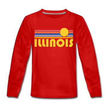 Illinois Youth Long Sleeve Shirt - Retro Sunrise Youth Long Sleeve Illinois Tee - red