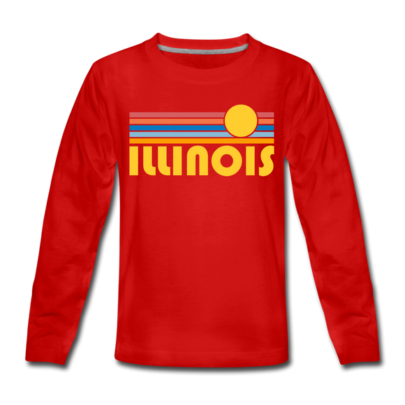 Illinois Youth Long Sleeve Shirt - Retro Sunrise Youth Long Sleeve Illinois Tee - red