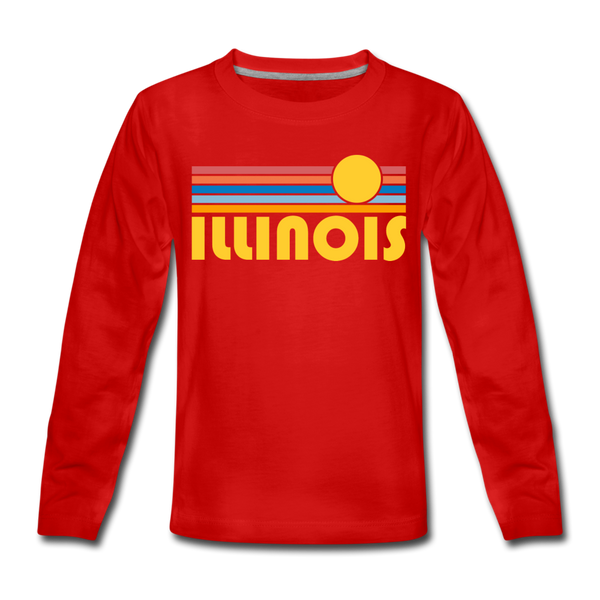 Illinois Youth Long Sleeve Shirt - Retro Sunrise Youth Long Sleeve Illinois Tee - red