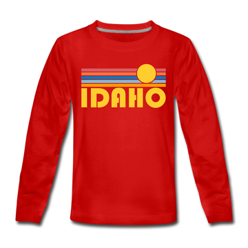 Idaho Youth Long Sleeve Shirt - Retro Sunrise Youth Long Sleeve Idaho Tee - red