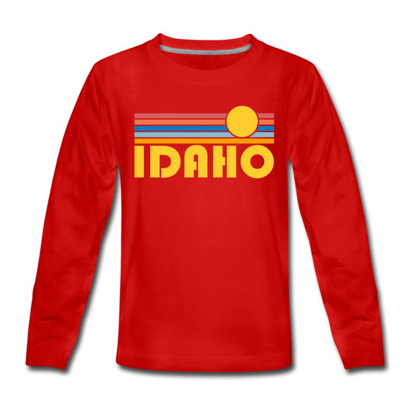 Idaho Youth Long Sleeve Shirt - Retro Sunrise Youth Long Sleeve Idaho Tee - red