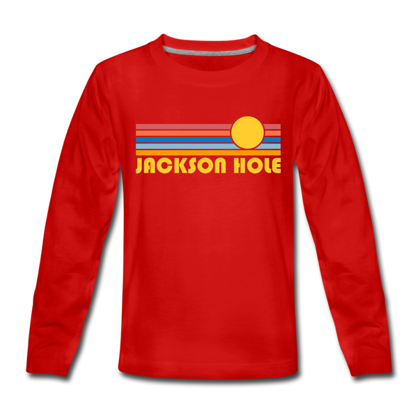 Jackson Hole, Wyoming Youth Long Sleeve Shirt - Retro Sunrise Youth Long Sleeve Jackson Hole Tee - red