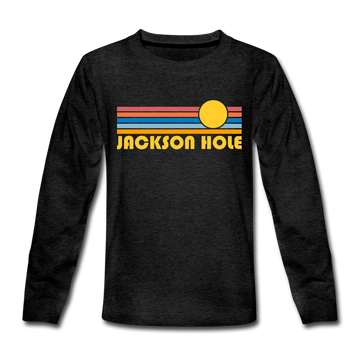 Jackson Hole, Wyoming Youth Long Sleeve Shirt - Retro Sunrise Youth Long Sleeve Jackson Hole Tee - charcoal gray