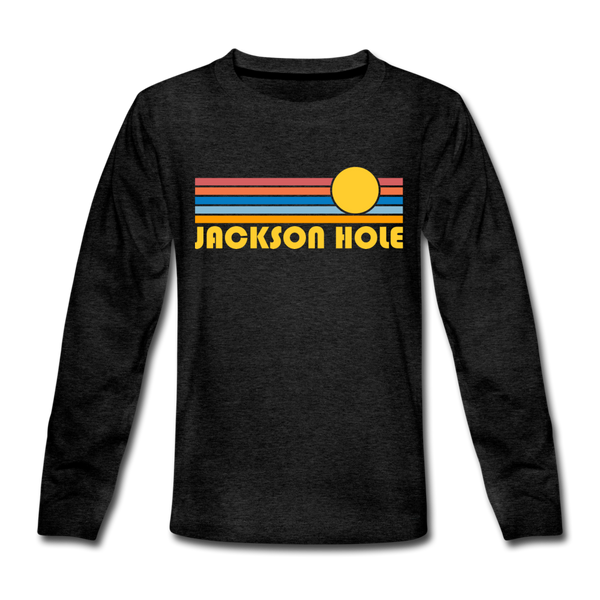 Jackson Hole, Wyoming Youth Long Sleeve Shirt - Retro Sunrise Youth Long Sleeve Jackson Hole Tee - charcoal gray